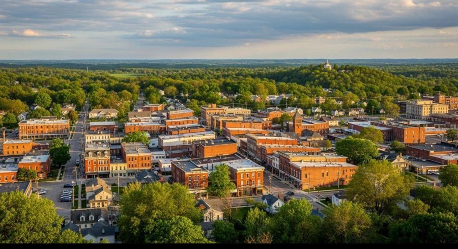 Aerial view of a small Midwestern downtown with brick buildings